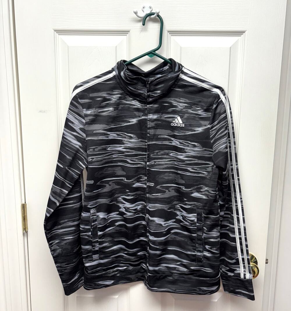 Adidas Jacket Big Boys Tricot Black White Full Zip, Mock Neck, Size XL 18/20